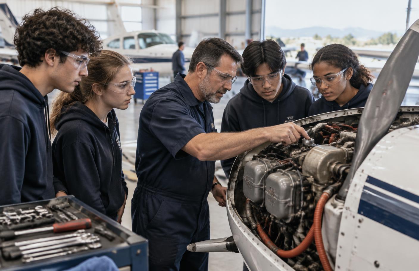 Students learn about aircraft maintenance from an aviation technician